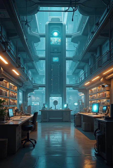 There is a room with a desk., shelf, There are also a giant computer,  Background Art , cyberpunk setting,  sci-fi room ,  cyberpunk vibe,  like a cyberpunk workshop,  cyberpunk office ,  cyberpunk vibe,  Cyberpunk interior , Mysterious Laboratory,  semi-r...