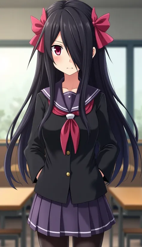 Kurumi Tokisaki from Date A Live anime, black sailor styled japanese school uniform jacket, long black hair with a pink ribbon making long pigtails on each side, hair covering left side of face, red eyes, serious look with a devious smile,  purplish blue m...