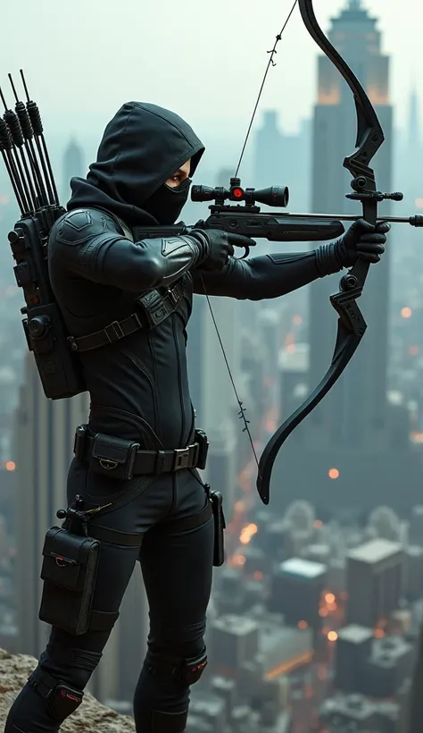 A precise hybrid sniper with Hawkeye’s bow and Deadshot’s deadly accuracy, perched on a skyscraper, ready to take a shot.