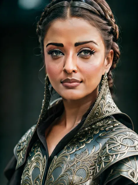 photo of aishw   serious look pressed lips, black updo, steel armor and robes cape royalty ornate embroidery, 4k, 8k, high quality, high detailed, professional artwork, ultra realistic, photorealistic, photography, dslr,