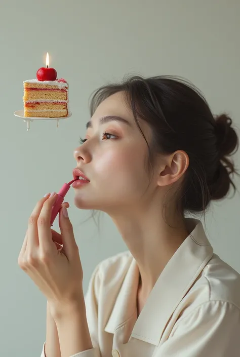 Create an image a person who is using a lipstick and think to a cake in her head