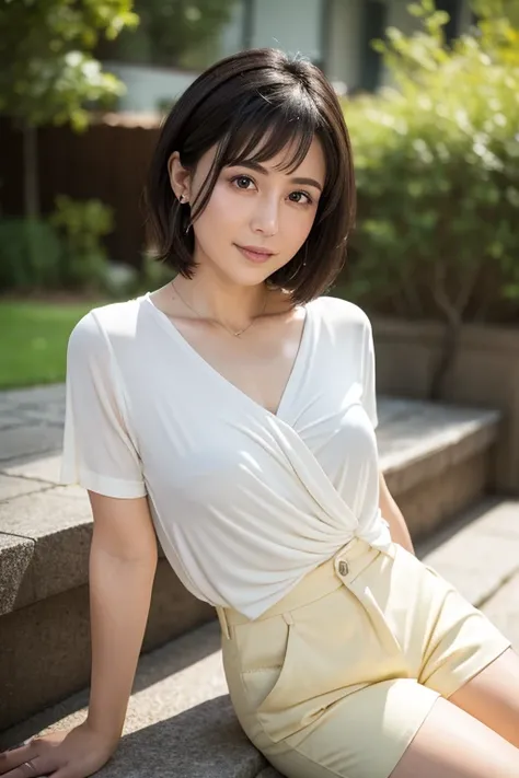 8k,   best quality ,   Masterpiece , Realistic, Photographically,  very detailed,  natural light, Outdoor,  bukkake,  I can see her cleaveline , 1 person, 35-year-old woman,   full body shot , Thighs,  White Shorts , Twisted body posture,  black hair,  sho...