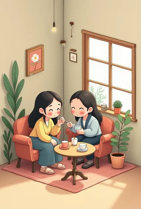 ( masterpiece : 1.2, very high quality,  Ultra-high resolution,  super detailed), 8k, ( wallpaper), ( Best illustrations : 2.0), ( Gera Piedad Bonnett drinking coffee with someone chibi: 2.0),Very simple design ), ( isometric illustration ) lofi, cozy,  st...