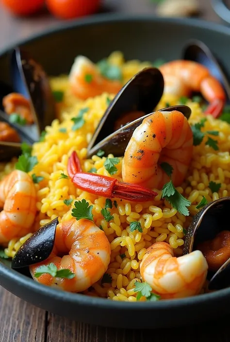 Rice with Colombian Pacific seafood :  Rice cooked with fresh seafood such as mussels, shrimp and shrimp,  mixed with spices such as turmeric and cumin.