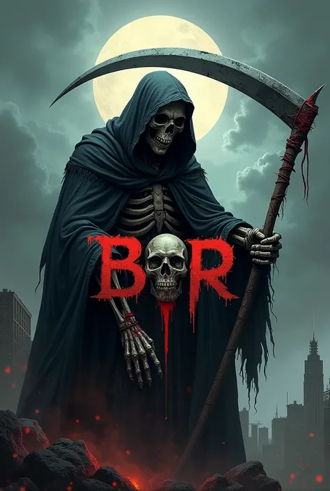 CRETE A LOGO WITH WORD "BOR" Grim reaper slaying a zombie , use appocalyose style