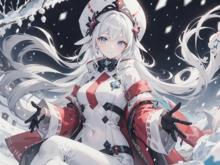 " clams raining in a snowy atmosphere ,  Stunning 4k artwork ， depicting a confident and elegant girl ，She has flowing 、 with long, vibrant snow-white hair .  Her eyes flashed with Grange . She sits gracefully, and a slight red smile ,  wearing a modern wh...