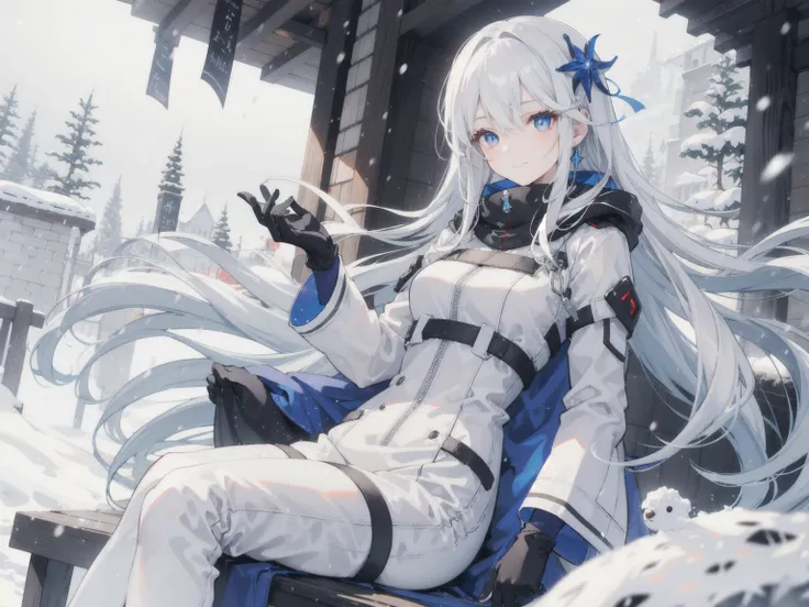 " clams raining in a snowy atmosphere ,  Stunning 4k artwork ， depicting a confident and elegant girl ，She has flowing 、 with long, vibrant snow-white hair .  Her eyes flashed with Grange . She sits gracefully, and a slight red smile ,  wearing a modern wh...