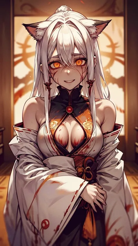 Best picture, solo, white hair, red kimono, white fox tail, white fox ears, scary atmosphere, evil woman, bewitching, horror woman, white skin, red kimono, bare shoulders and chest, sexy, white round eyebrows, long hair, gaze, ((golden eyes)), evil smile, ...