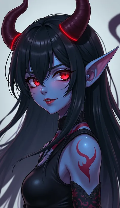 1girl, portrait, beautiful, tiefling shaman, black hair, (long hair:1.3), side bangs, horns, barbarian, gladiator, war paint, tribal markings, long tail, blue skin, red lips, red eyes, glowing eyes, (smug:0.85), dramatic lights, detailed

,sharp lines, mut...