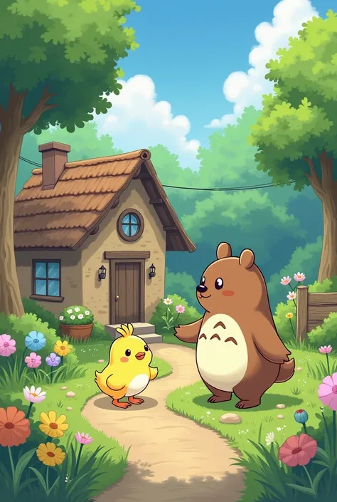 Pretty and cute ,  with house and garden Totoro anime style but instead of Totoro,  add a chick and bear 