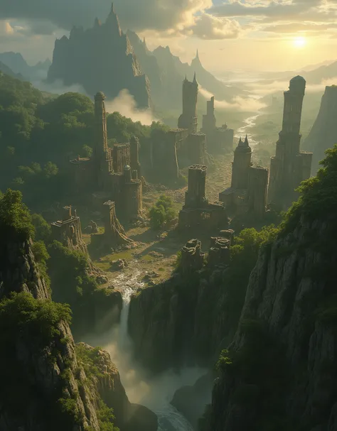 A breathtaking aerial view of ancient city ruins, deeply weathered and crumbling, surrounded by misty forests and jagged cliffs. The city’s once-grand stone structures are now broken and shattered, with collapsed towers, cracked domes, and toppled columns ...