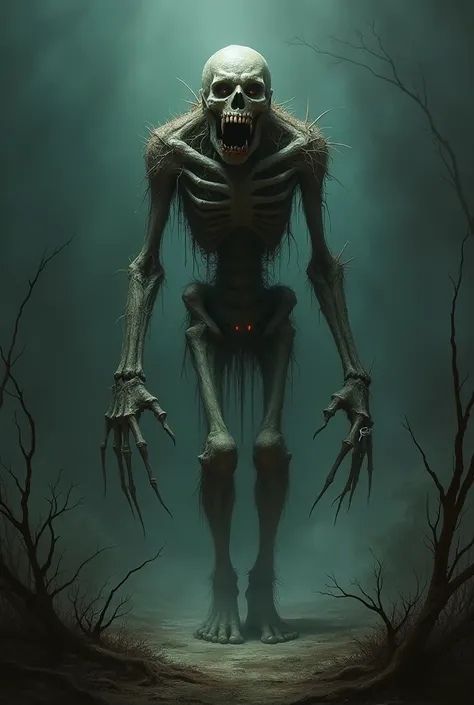 A horrifying creature known as the *Corpo Seco*, a figure from Brazilian folklore. The creature appears as a skeletal, emaciated humanoid with skin shriveled and tightly clinging to its bones, resembling aged, dried bark. Its hollow eyes radiate an eerie, ...