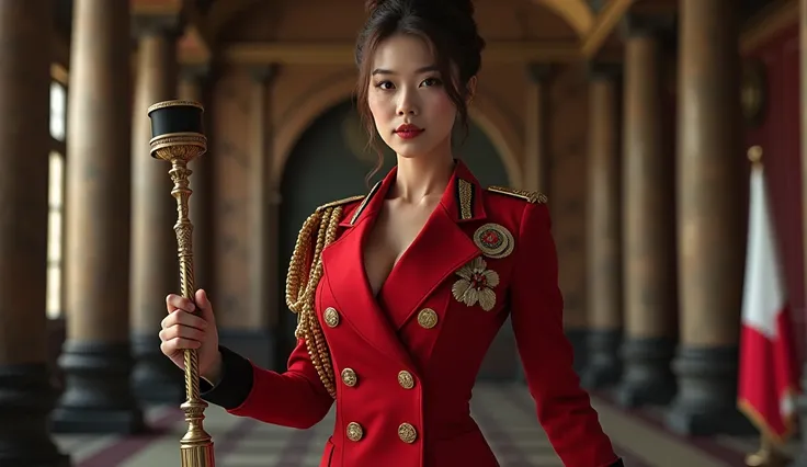 (Best quality, 4K, high resolution, masterpiece, ultra-detailed, realistic anatomy, photo-realistic:1.37), dominatrix, seductive and powerful, master, alluring asian woman, high-ranking military officer, (wearing red Prussian Field Marshal uniform), unbutt...