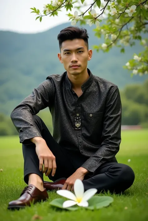 very realistic high resolution photography, ultra HD 16k. 28 year old Asian white man, center parted taper hair, wearing a black metallic batik patterned suit shirt with a brooch, skinny pants and shiny brown shoes, the man is sitting facing the camera on ...