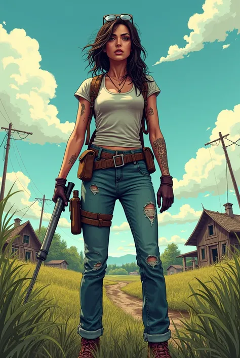 a woman, full body, in the background a farm, the zombie apocalypse thematic, comic drawing style, HD, without gun,without weapons, very detailed.