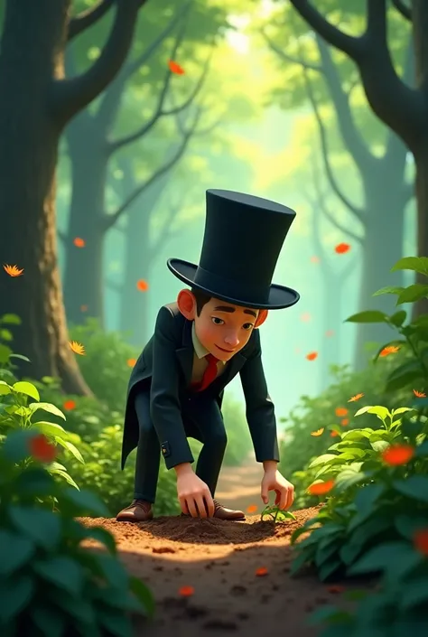 Animated image, Man plants with a top hat in the middle of a forest with falling leaves. green and black colors