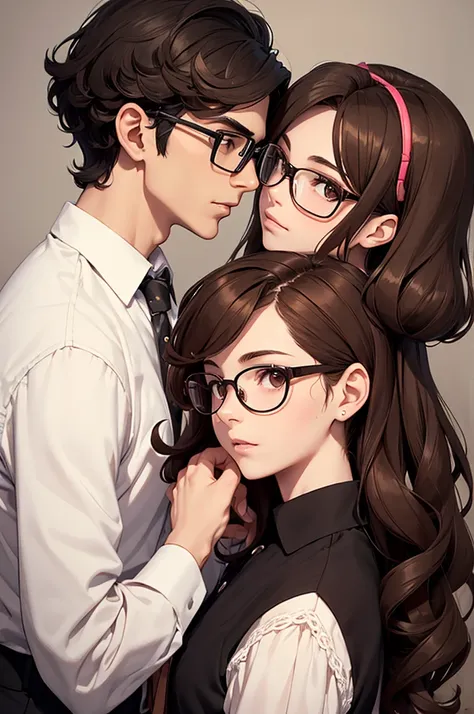 Boy with brown hair with curlers and glasses and girl with medium-short black hair looking at each other with love