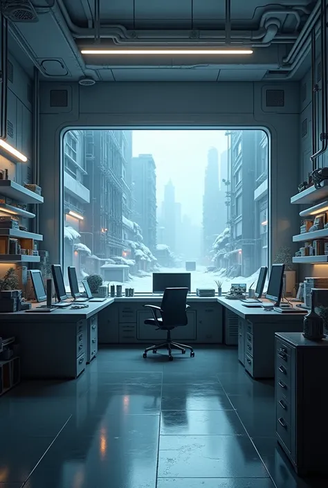 There is a room with a desk., shelf, There are also a giant computer,  Background Art , cyberpunk setting,  sci-fi room ,  comfortable office vibe,  cyberpunk office ,  office room,  office interior , Mysterious Laboratory,  semi-realistic art style , inte...