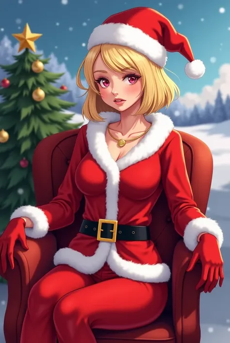 a digital illustration of a woman dressed as Santa Claus sitting on a red velvet armchair. She is wearing a red suit with a white fur trim and a matching hat with a red pom-pom on top. She has blonde hair styled in a bob and is wearing red gloves and a gol...