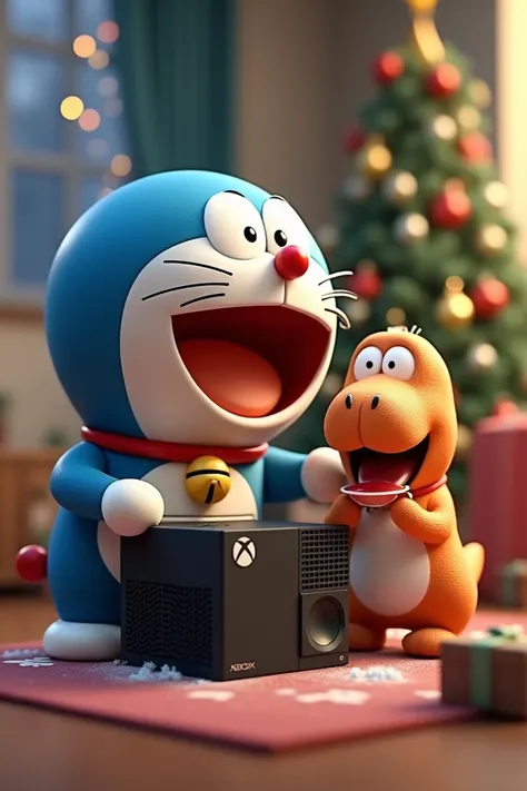 Doraemon opening an Xbox with a stuffed dinosaur eating punch at Christmas 