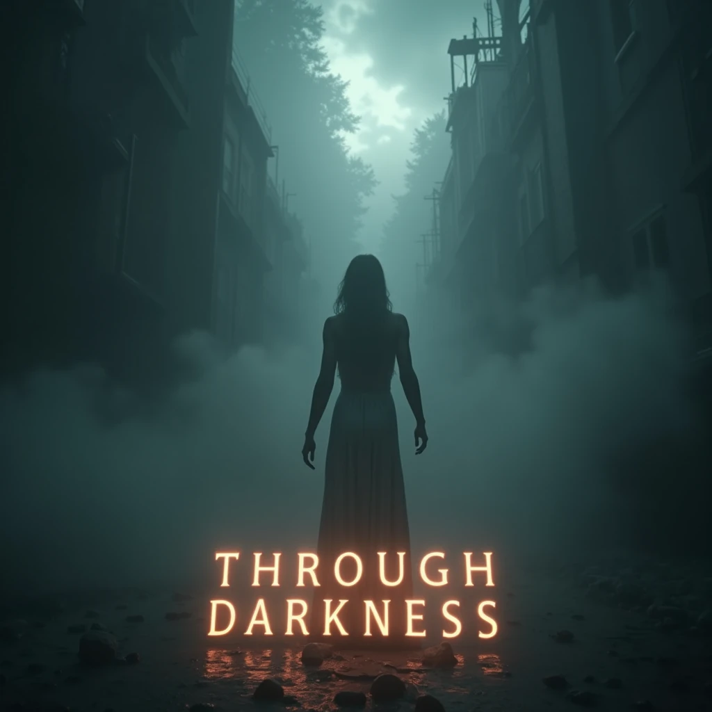 The words "Through Darkness" written in large letters glowing at the bottom of the screen, Mysterious Fog, Symbols of death appearing from the mist, reaching out to grab you, an ominous atmosphere, a production that stirs up anxiety and fear, ((masterpiece...