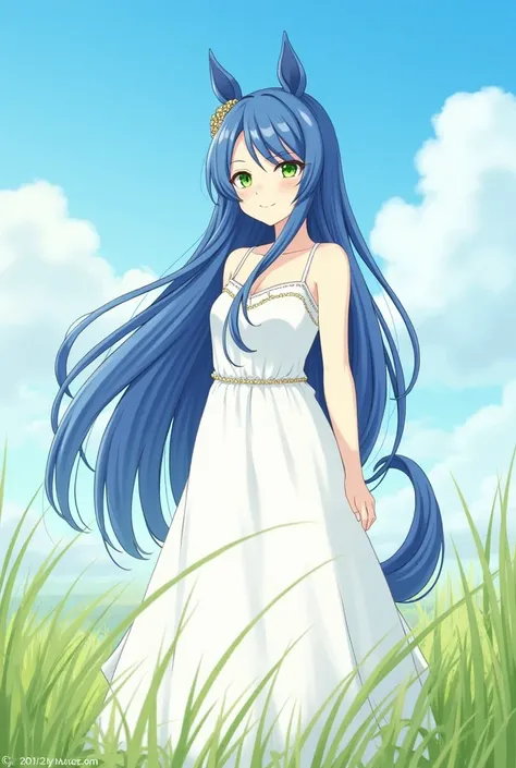 (( masterpiece ,  better quality )),( illustration),(in detail),(( extremely delicate and beautiful)),1 girl,Godolphin Arabian,long hair,blue hair, green eyes,horse ears,Horse Girl,hair_ornament, white dress ,  bare shoulders , ,sleeveless,Evening dress, l...