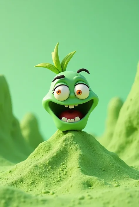 Cosmo de los godparents magicos with a crazy face on a mountain of litmus green sand and a light green background