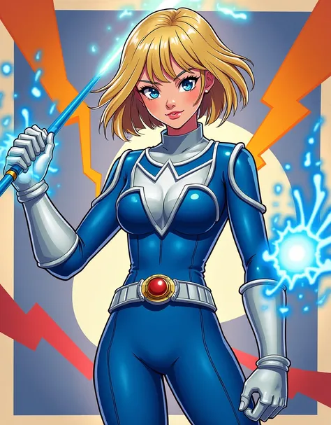 Create an image of a blue power ranger short haired blonde woman holding a staff make the image as if it were a cartoon 