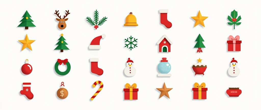 A collection of flat, colorful Christmas icons.  The icons are arranged in a grid pattern, evenly spaced across the image, on a white background.  Each icon represents a different Christmas item, including a Christmas tree, reindeer, star, bell, Santa hat,...