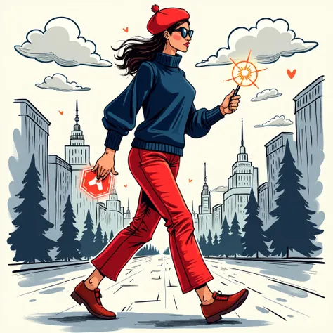 "Create a vibrant illustration of a confident woman mid-step, wearing a navy sweater, red beret, and textured red pants, holding a glowing object. Surround her with a hand-drawn cityscape in black, white, and blue accents, along with playful clouds. Includ...