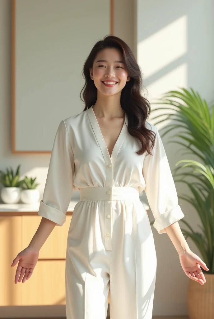 a photorealistic depiction of a joyful and beautiful Korean woman, standing at 1.70 meters tall, with an ageless 35-year-old appearance, wearing a simple elegant white. enigmatic smile, as she stands confidently in a spacious with both hands extended, in b...