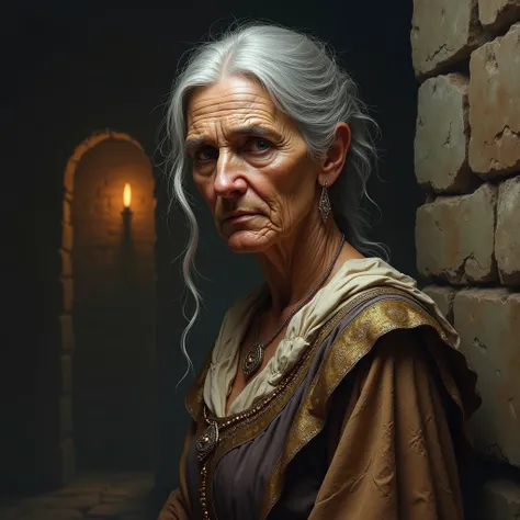 Portrait, Digital Art, medieval fantasy, rpg, , old, slavewoman and historian ,  wearing noble clothes in a slave dungeon