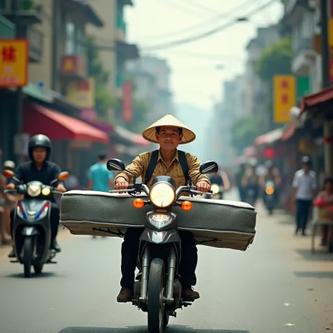 give me a photo of a Vietnamese delivery man carrying a mattress on a motorbike speeding through the streets of Vietnam in the morning, high quality photo