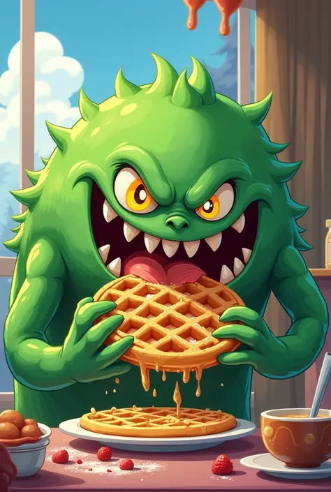 A green monster eating a waffle, with an anime style