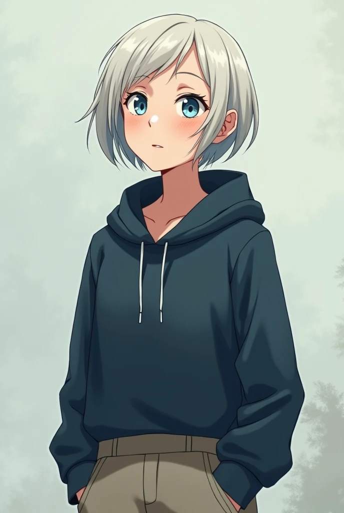 dark blue hooded blouse beige pants neat white hair blue eyes  anime version