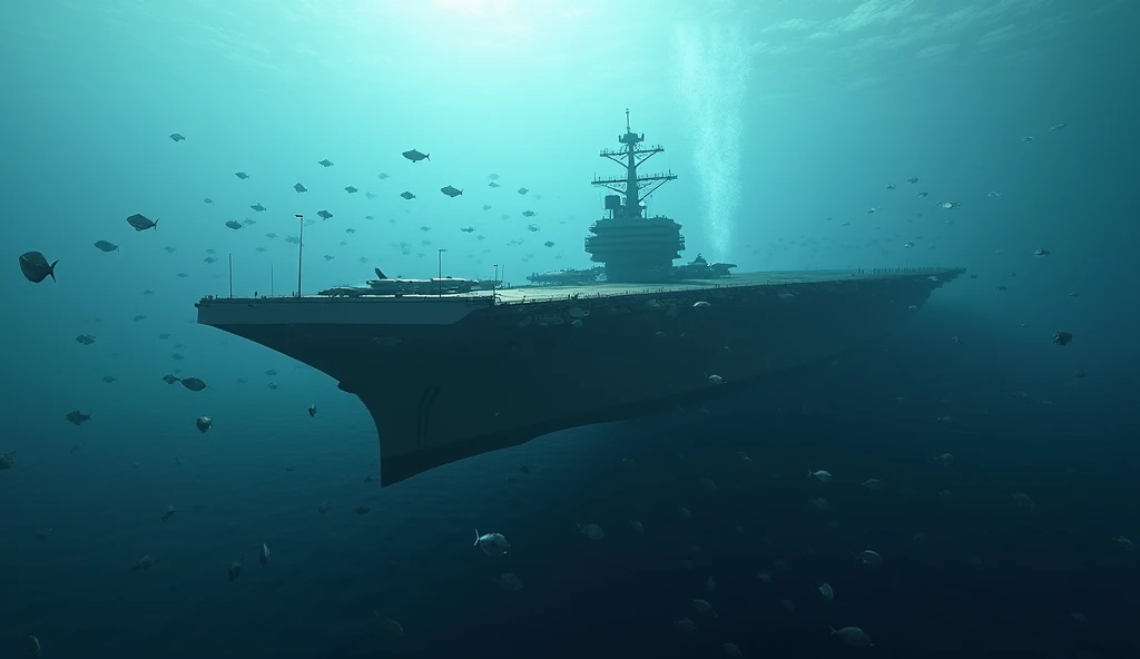  in the middle of an empty place ， aircraft carrier sails underwater in nowhere，Surrounded by lots of fish。