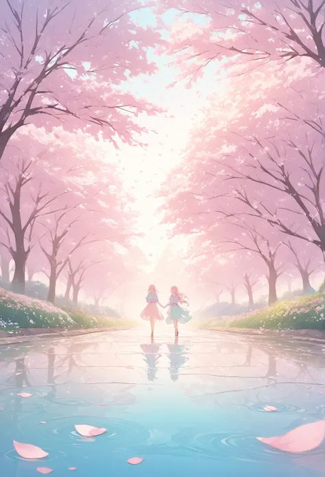  Light Color and Thin Line Drawing  、  Flat Line Design ,   A work with the motif of cherry blossom petals floating in a puddle  、  pastel colors  、Pink  、  Beautiful Artwork  、  Light Effects  、 Please feel the warmth and freshness of spring 