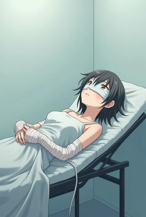 Anime girl with blindfold ,  on stretcher and her right arm with bandages on her head while looking at the roof 
