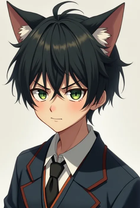  I want a realistic version boy with cat ears and black hair,  green eyes wearing a stripping school uniform , And a sarcastic smile 