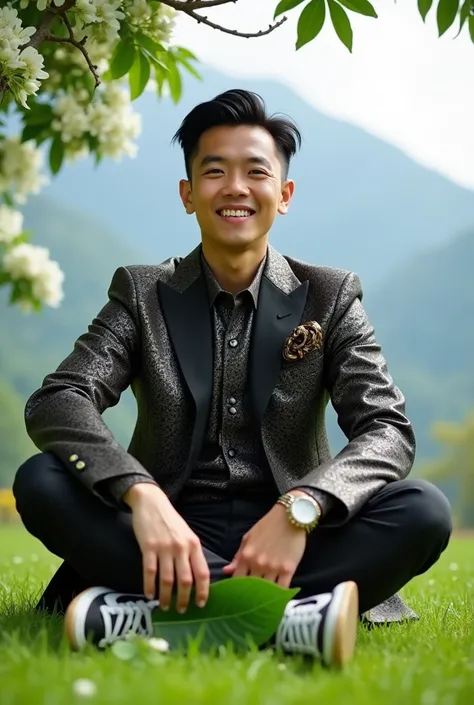 very realistic high resolution photography, ultra HD 16k. 28 year old Asian white man, center parted taper hair, wearing a black metallic batik patterned suit shirt with a brooch, skinny pants and Jordan shoes, The man was sitting on the green grass, smili...