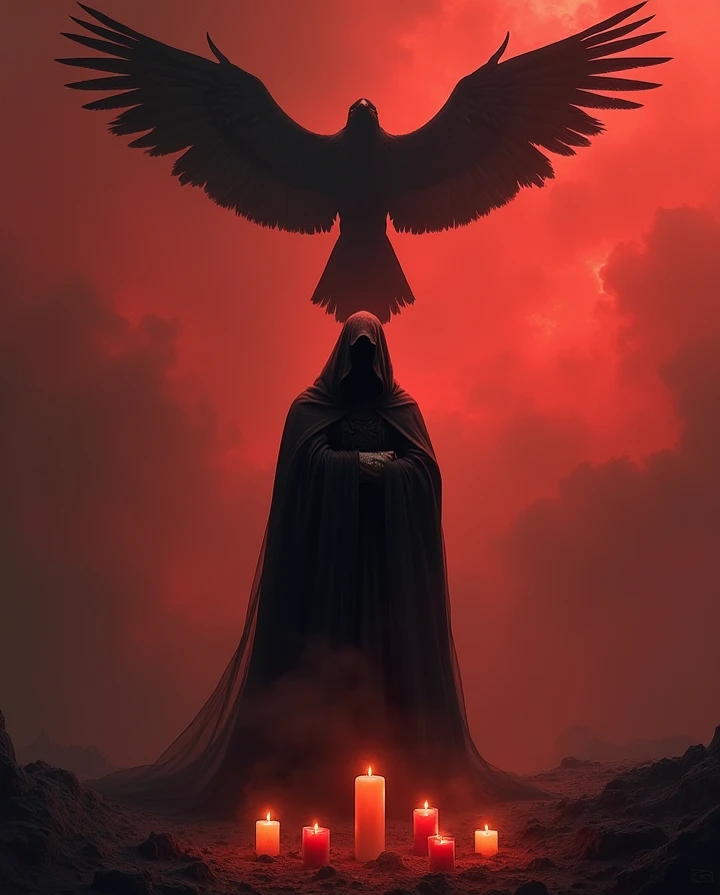  Figure of Death ,  a dark bird flying above it, the reddish sky , candles on the ground. 