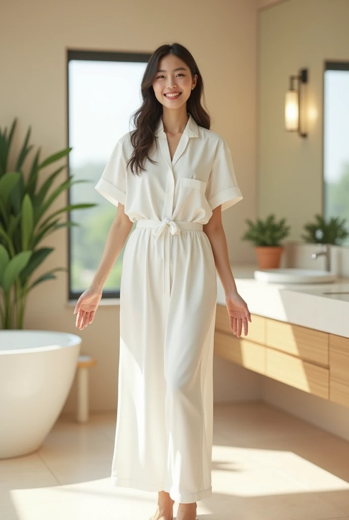 a photorealistic depiction of a joyful and beautiful Korean woman, standing at 1.70 meters tall, with an ageless 35-year-old appearance, wearing a simple elegant white, as she stands confidently in a spacious with both hands extended at hips height, in a w...