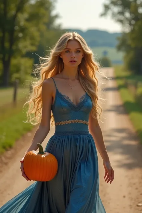 Give me a realistic image of a  with blond hair and a shimmering blue dress and a pumpkin I show next to her walking on a road