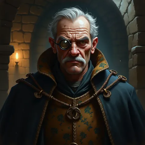 Portrait, Digital Art, medieval fantasy, rpg, human man, old, Grumpy face and historian ,  wearing noble clothes in a slave dungeon, using a monocle