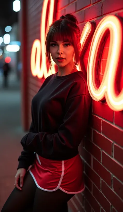 bimbo, brown-haired,  Short hair, straight bangs ,  ponytail ,  ajar lips ,  black sweatshirt, one shoulder is open, red tennis skirt,  black tights , posing next to a city wall written in neon glowing letters: alexa,  looks at the viewer,  depth of field,...