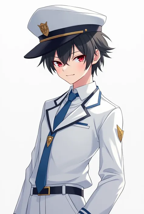 Anime boy, white uniform, blue tie, white cap, smirk, black hair, red eyes, smiling