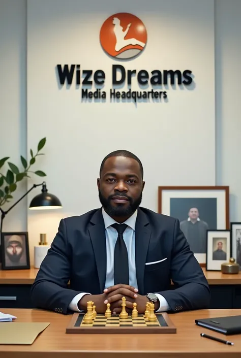 Create an image an office desk with a chess board and three framed pictures and a black man seated at the table posing for camera with a tag mjeshi assistant director .Brand the office WIZE dreams Media Headquarters.amd the wall behind white.make it a wide...