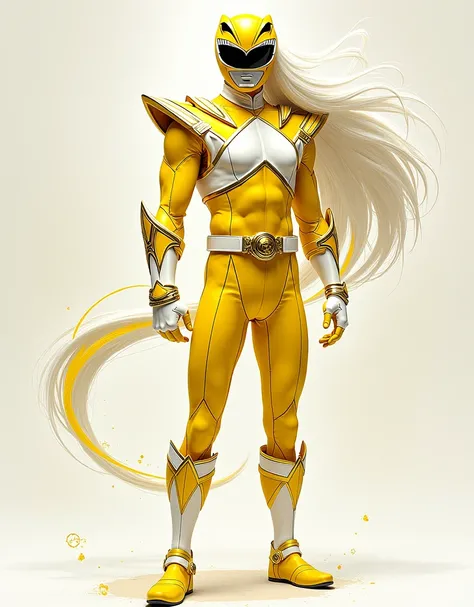 Create an image of a yellow power ranger with the details of the white clothing woman with long white hair hair make the image as if it were a drawing 