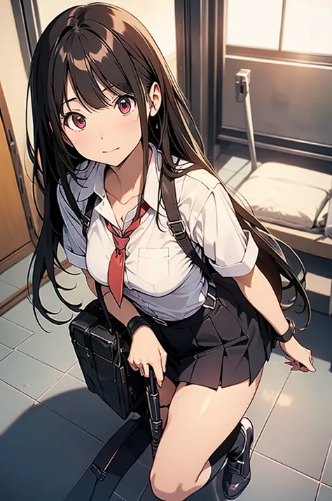 suspender gun holster longhair japanesewoman skirt handcuffed Nīhai gātāberuto Long socks garter belt animegirl backhandcuffed
