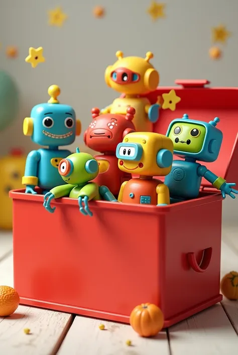 Red toy box full of plastic robots